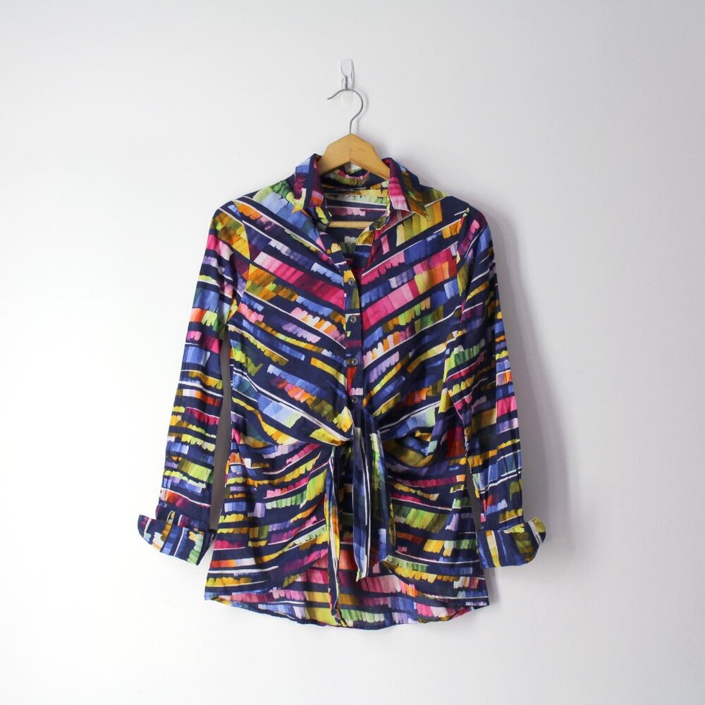 Mishca bright retro print shirt button down tie front blouse tunic top sz S